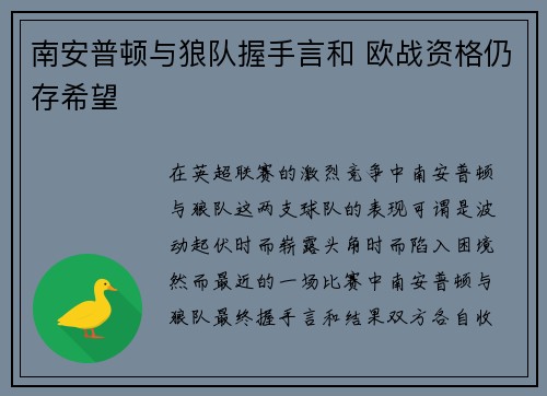 南安普顿与狼队握手言和 欧战资格仍存希望