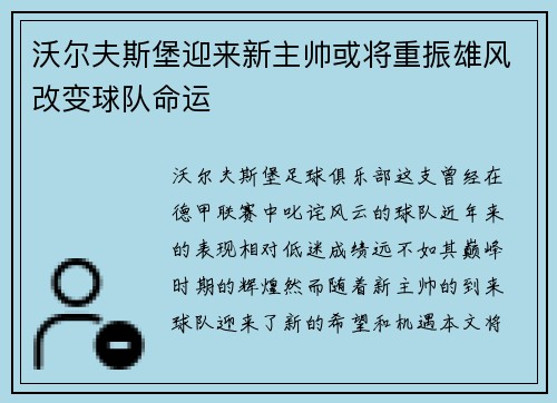 沃尔夫斯堡迎来新主帅或将重振雄风改变球队命运