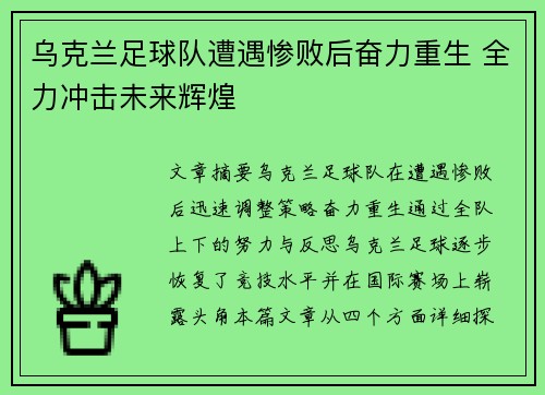 乌克兰足球队遭遇惨败后奋力重生 全力冲击未来辉煌