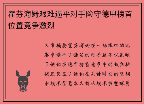 霍芬海姆艰难逼平对手险守德甲榜首位置竞争激烈